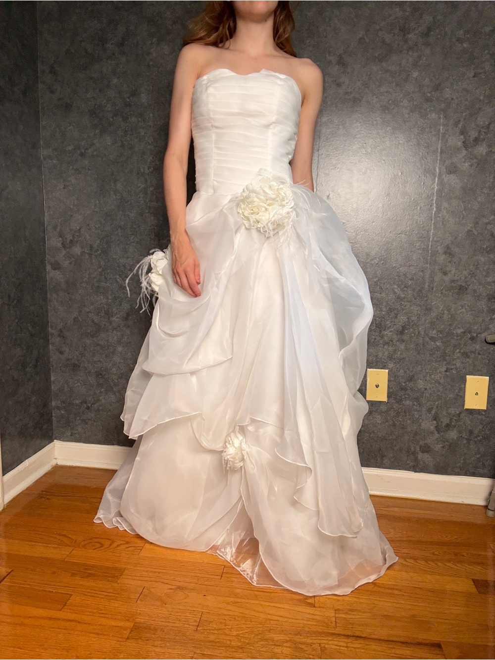 Strapless White Floral Organza Ball Gown Wedding Dress - Size 2